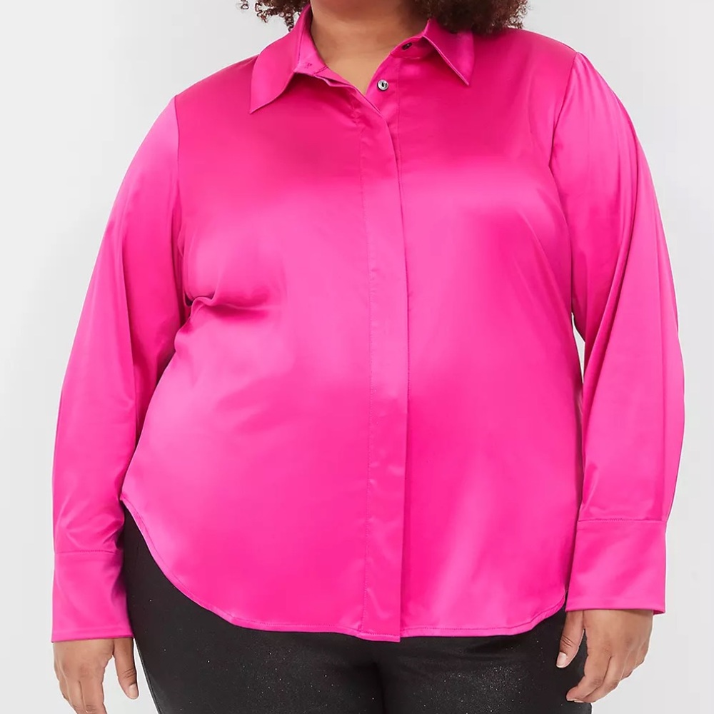 Lane Bryant Long-Sleeve Button-Down Satin Shirt dark fuchsia size 18 #4